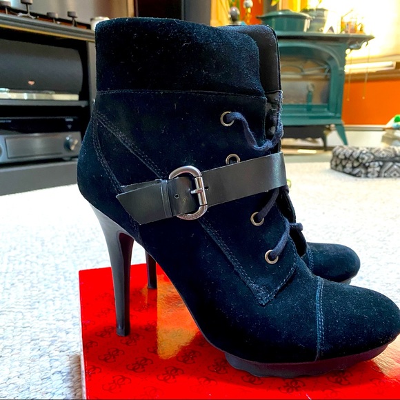 GUESS Black Suede Stiletto Combat Boots - Picture 1 of 5